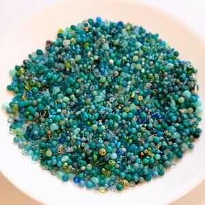 DIY Artisan Glass Bead Assortment 12oz Lot of Small Blue Green Tones w Container